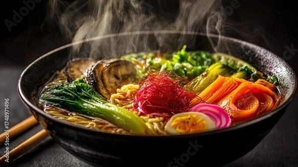 Fototapeta A beautifully arranged bowl of steaming ramen topped with vibrant vegetables including bok choy, carrots, and radishes, accompanied by sliced mushrooms and soft-boiled eggs. The rich broth glistens in