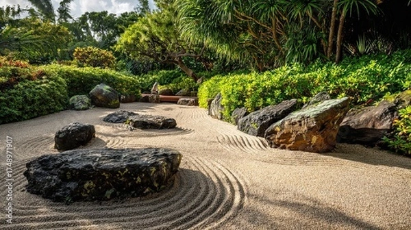 Fototapeta A tranquil Japanese Zen garden featuring smooth, large rocks arranged over a meticulously raked sand surface. The background is lush with greenery, including tropical plants and trees, creating a sere