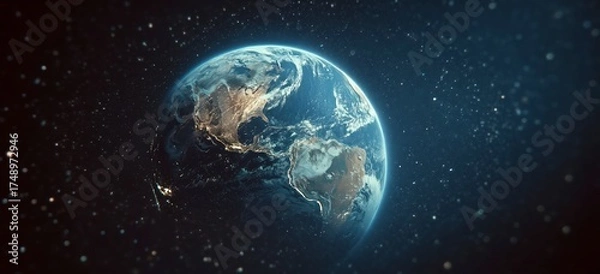 Obraz High-Resolution View of Earth From Space Showing Illuminated Continents and Cloud Formations, Ideal for Global Network, Technology, and Environmental Concepts