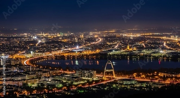 Fototapeta Nighttime Cityscape - Kyivs Illuminated Bridges and Urban Glow.