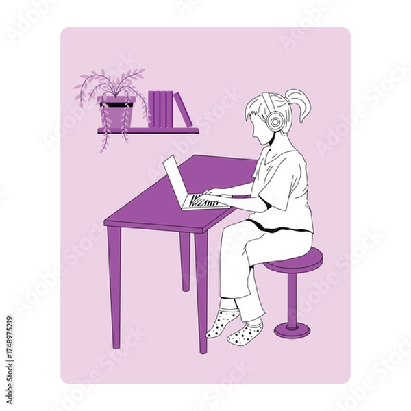 Fototapeta Freelancer working from home on laptop flat vector
