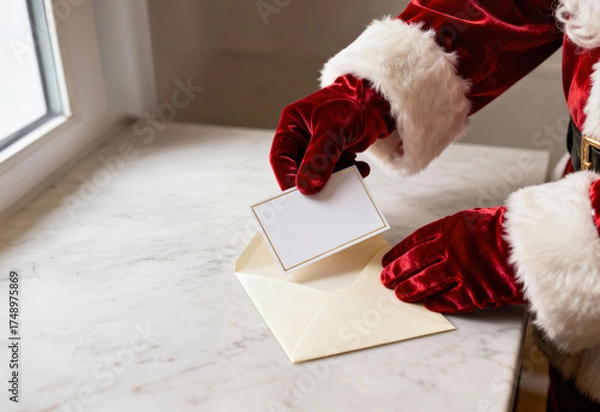 Obraz Santa hands inserting blank card into envelope on marble surface