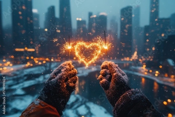 Fototapeta hands hold sparkles in the snow.