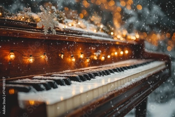 Fototapeta Piano adorned with Christmas lights.
