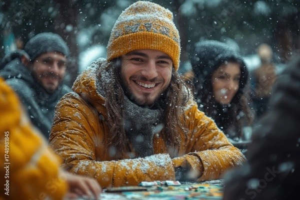Fototapeta Man in yellow jacket and hat smiles playing cards in snow.