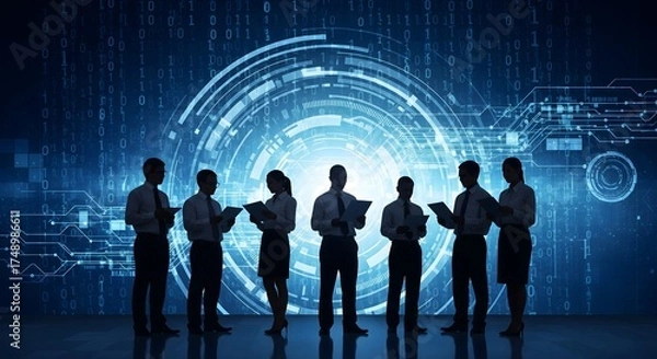 Fototapeta Business professionals collaborating on digital transformation strategy with futuristic technology interface, teamwork innovation and data-driven solutions in corporate success concept