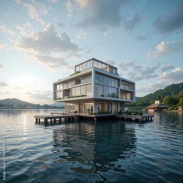 Fototapeta Floating building, Floating architecture, Floating house, Architecture of the future, on the water, AI Generative