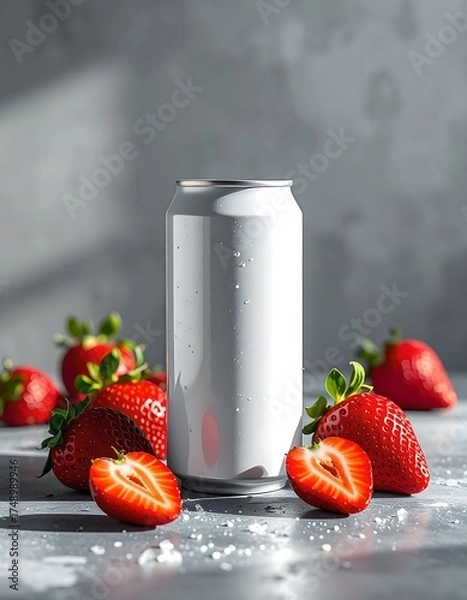 Fototapeta Chilled White Can With Strawberries on Concrete