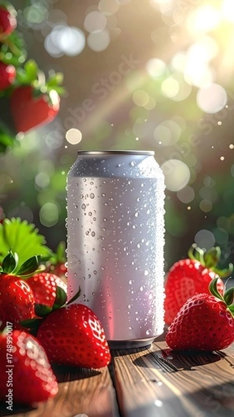 Fototapeta Chilled Can and Strawberries on Wooden Table