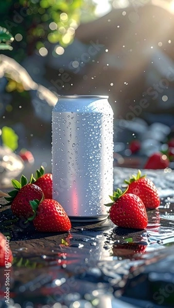 Fototapeta Chilled Can With Strawberries on Wet Stone Surface