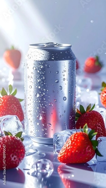 Fototapeta White Beverage Can With Strawberries and Ice Cubes
