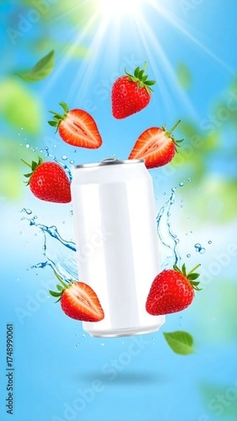 Fototapeta Floating Strawberries Around Chilled White Beverage Can