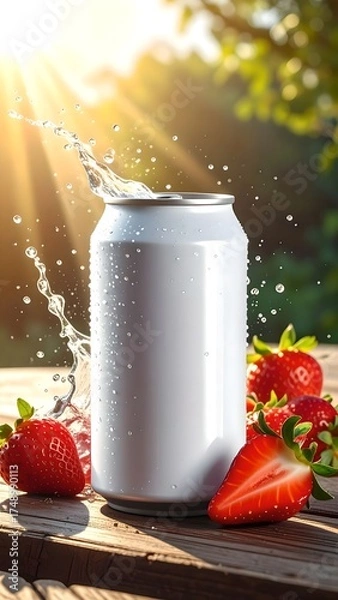 Fototapeta White Beverage Can With Strawberries and Water Splash