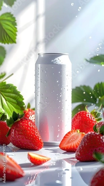 Fototapeta Chilled White Can With Fresh Strawberries and Slices