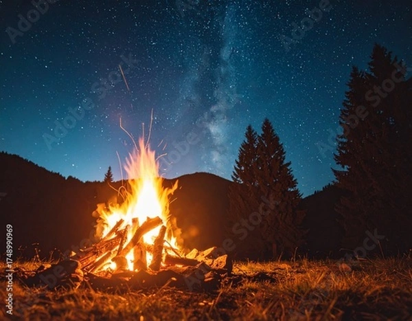 Obraz キャンプファイヤーと夜空の星（生成AI　Generated Image）