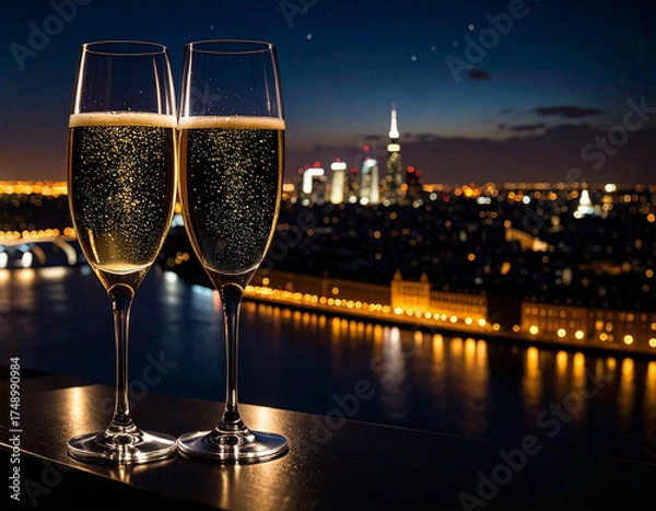 Obraz 夜景とシャンパン（生成AI　Generated Image）