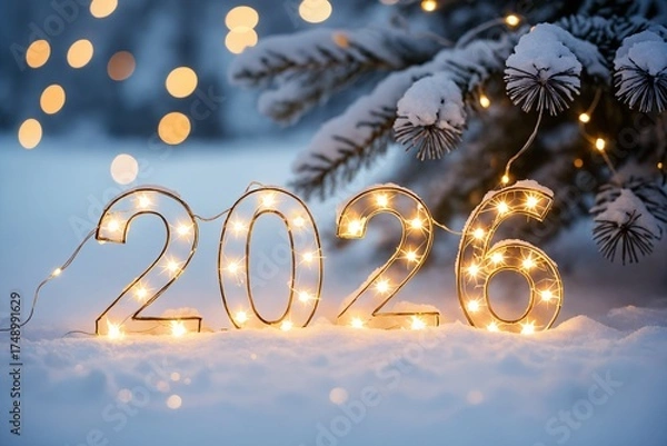 Fototapeta Happy New Year 2026 Celebration with Glowing Lights and Winter Snow Scenery.