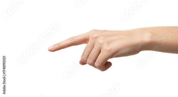 Obraz Close-up photorealistic female hand mid-motion, index finger extending to point, visible veins and knuckles, isolated on transparent background, png