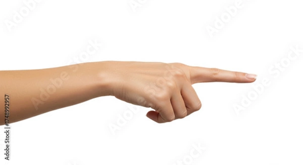 Obraz Photorealistic female hand precisely pointing index finger right to left, slender and smooth, isolated on transparent background, png