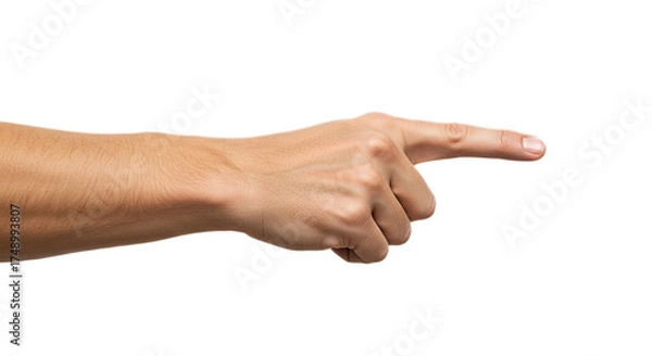 Obraz Photorealistic composition, man's hand assertively pointing left, thumb lifted, curl detail. Isolated on transparent background, png