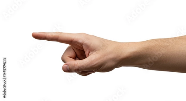 Obraz Photorealistic man's hand, palm upturned, index finger inviting left, minimal with white background. Isolated on transparent background, png