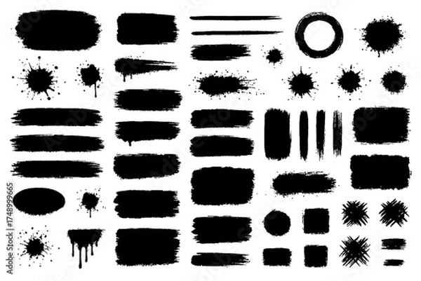 Fototapeta Black Brush Stroke and Ink Shape Collection | Grunge Texture, Paint Splatter, and Abstract Design Elements Set, Grunge Speech Bubble Frames Set | Hand Drawn Text Boxes and Brush Rectangle Labels.