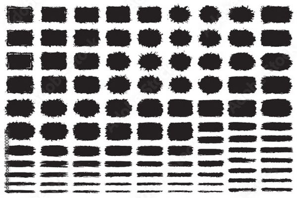 Fototapeta Black Brush Stroke and Ink Shape Collection | Grunge Texture, Paint Splatter, and Abstract Design Elements Set, Grunge Speech Bubble Frames Set | Hand Drawn Text Boxes and Brush Rectangle Labels.