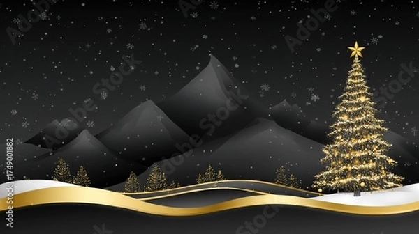 Fototapeta Luxurious Black and Gold Christmas Tree Background: Exuding Elegant Festive Atmosphere, Perfect for Holiday Cards, Festive Decorations, Social Media Posts, and High-End Christmas-Themed Design Project