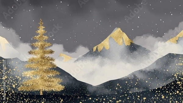 Obraz Luxurious Black and Gold Christmas Tree Background: Exuding Elegant Festive Atmosphere, Perfect for Holiday Cards, Festive Decorations, Social Media Posts, and High-End Christmas-Themed Design Project