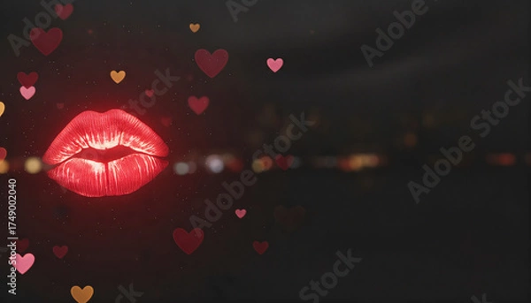 Fototapeta Glowing lipstick imprint with heart shapes floating in dark background for Valentine's Day, space for text
  