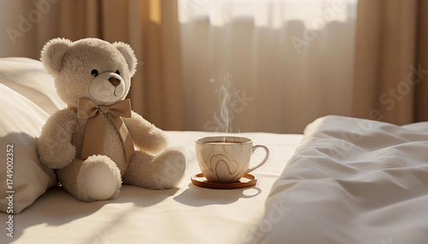 Fototapeta Soft teddy bear sitting on the bed with steaming cup of coffee - Concept of Valentine's Day, space for text
  