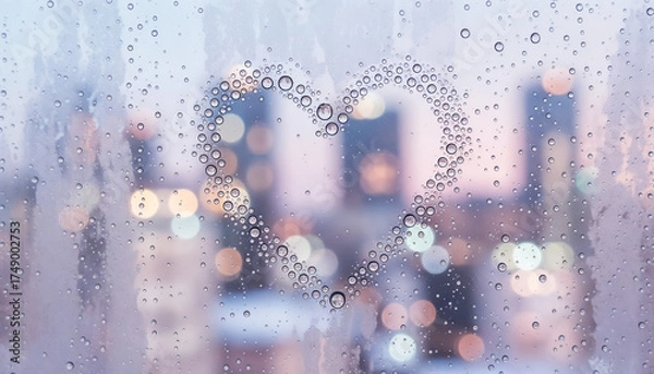 Fototapeta Heart shape drawn on foggy window with city lights in background, Valentine's Day    