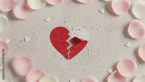 Fototapeta Broken heart surrounded by pink petals representing Valentine's Day  