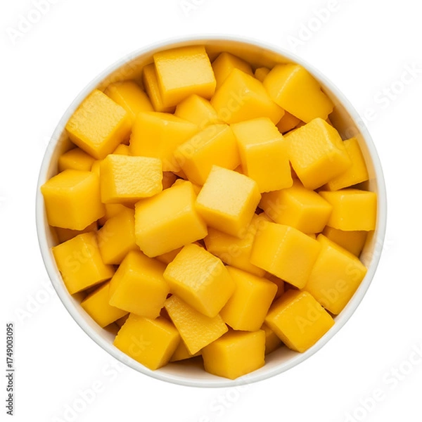 Fototapeta Top view mango cubes on a white bowl, white background isolated