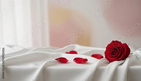 Fototapeta Red rose and petals on white fabric for Valentine's Day decoration, space for text
  
