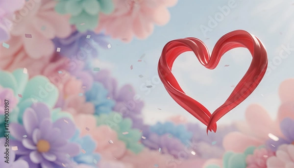 Fototapeta Red heart shape surrounded by colorful flowers for Valentine's Day, space for text
 