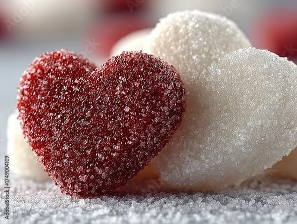 Obraz Close-up of white sugar hearts with one red heart on top, symbolizing love and romance for Valentine's Day, minimalistic beauty focusing on texture and color contrast