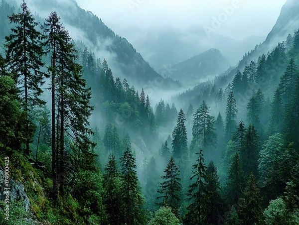 Obraz Dense forest shrouded in mist, seen from above, trees standing tall against gray sky, creating atmospheric mysterious scene