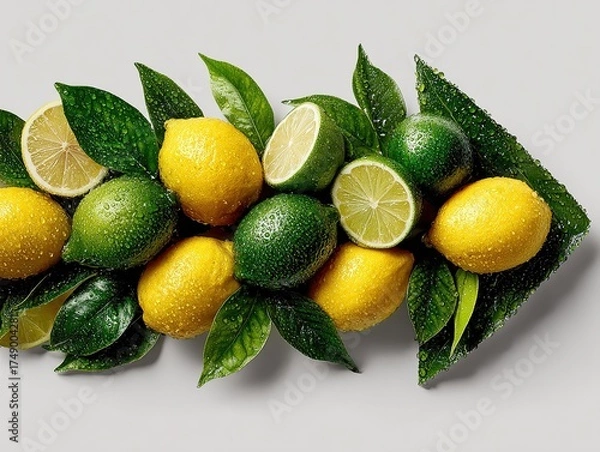 Fototapeta Group of lemons arranged in arrow shape on white background, some cut open to reveal yellow interiors, web banner with copy space on right