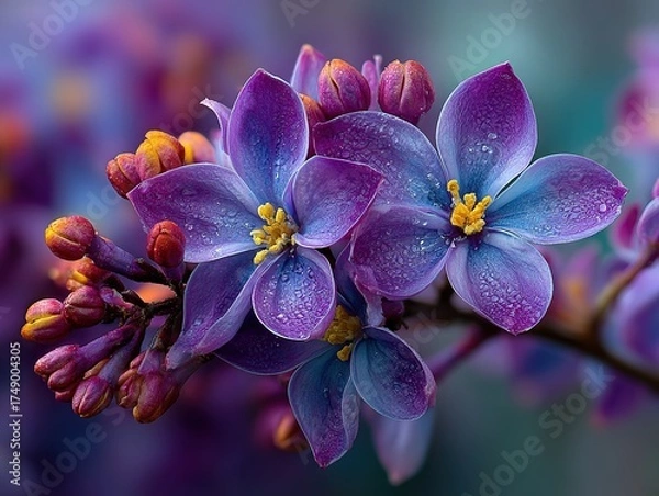 Obraz Vibrant purple flowers macro close-up, natural light highlighting delicate petals, blurry background for dreamy ethereal effect