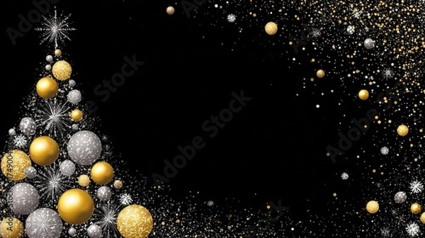 Fototapeta Luxurious Black and Gold Christmas Tree Background: Exuding Elegant Festive Atmosphere, Perfect for Holiday Cards, Festive Decorations, Social Media Posts, and High-End Christmas-Themed Design Project