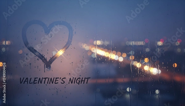 Fototapeta Heart drawn on foggy glass with city lights in the background at night with the inscription “Valentine's Night”, space for text, Valentine's Day  
 