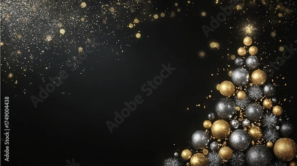 Fototapeta Luxurious Black and Gold Christmas Tree Background: Exuding Elegant Festive Atmosphere, Perfect for Holiday Cards, Festive Decorations, Social Media Posts, and High-End Christmas-Themed Design Project
