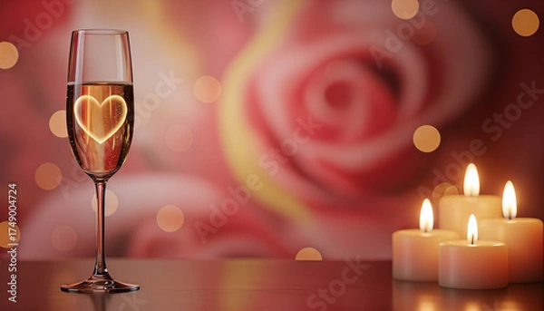 Fototapeta Glass of champagne with heart shape reflection and candles for Valentine's Day, space for text  