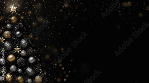 Obraz Luxurious Black and Gold Christmas Tree Background: Exuding Elegant Festive Atmosphere, Perfect for Holiday Cards, Festive Decorations, Social Media Posts, and High-End Christmas-Themed Design Project