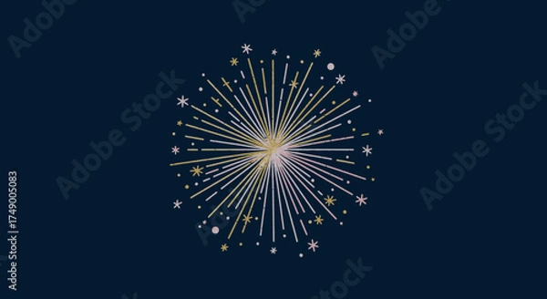 Obraz An elegant illustration of sparkling fireworks bursting with golden and silver light against a deep blue night sky, symbolizing celebration and joy.