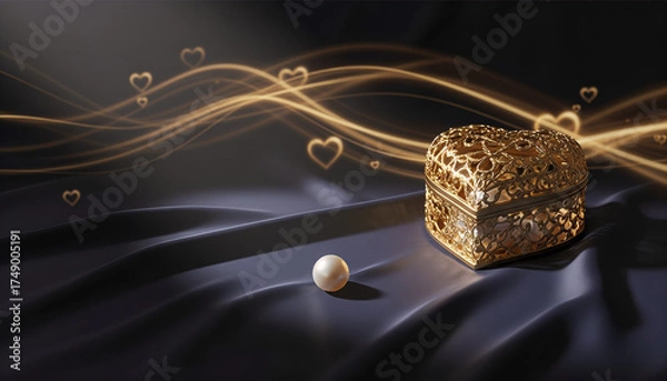 Fototapeta Golden heart-shaped box with pearl on dark satin background for Valentine's Day, space for text 