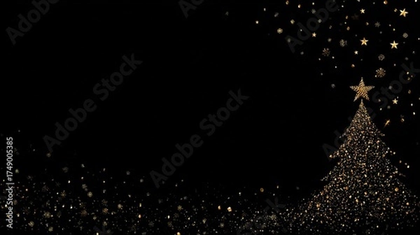 Fototapeta Luxurious Black and Gold Christmas Tree Background: Exuding Elegant Festive Atmosphere, Perfect for Holiday Cards, Festive Decorations, Social Media Posts, and High-End Christmas-Themed Design Project