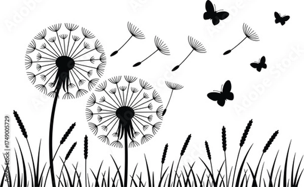 Fototapeta Black Silhouette Dandelions and Butterflies Flying in the Wind seed seeds