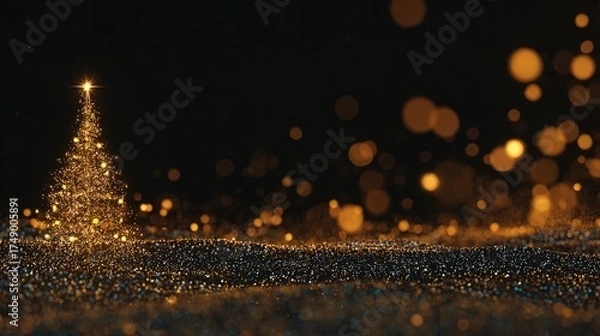 Fototapeta Luxurious Black and Gold Christmas Tree Background: Exuding Elegant Festive Atmosphere, Perfect for Holiday Cards, Festive Decorations, Social Media Posts, and High-End Christmas-Themed Design Project
